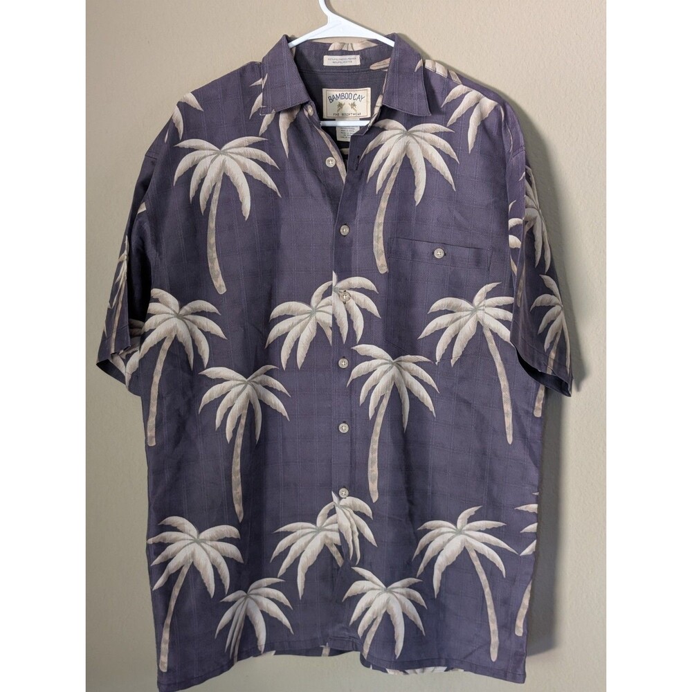 Bamboo Cay Gray Men's Medium Hawaiian Shirt Palm Tree Design Resort Wear EUC